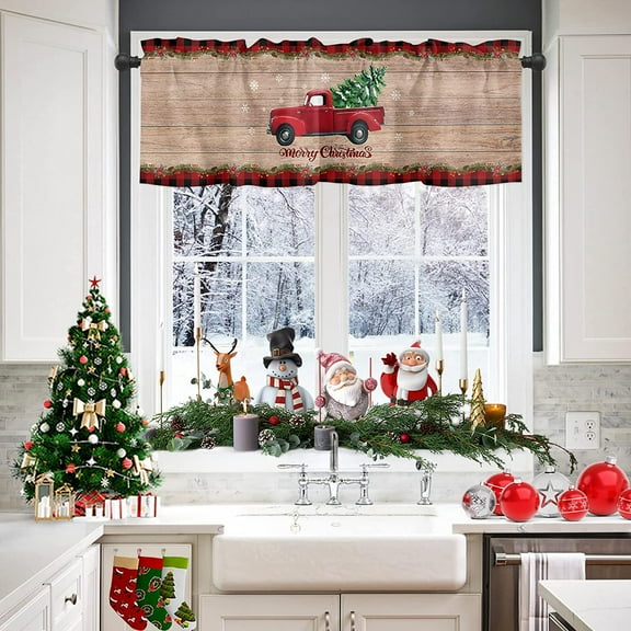 JOOCAR Merry Christmas Window Curtain 54 x 18 Inch Red Truck Snowflake Christmas Tree Short Curtains Vintage Wood Grain Red Curtains Living Room Kitchen Bedroom Decor
