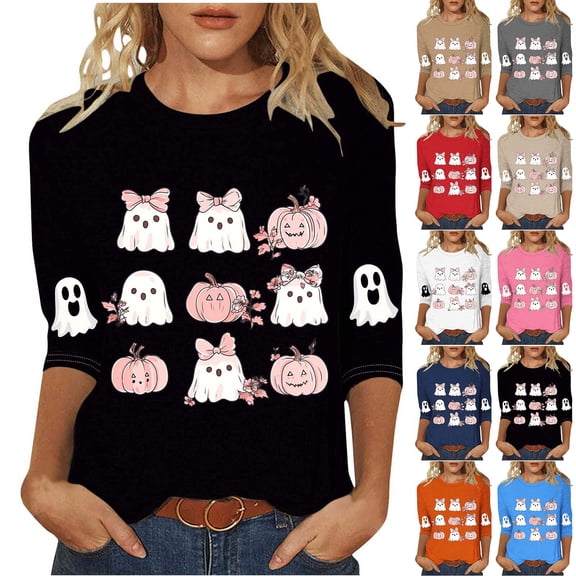 Feancey Women's Halloween Tshirts Dressy Casual 3/4 Sleeve Tunic Tops Holiday Funny Cute Ghost Graphic Tees Comfy Crewneck Pullover Shirt Beige XXL