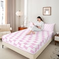 thumbnail image 4 of Castle Fairy Boys Girls Geometric Plaid Stripes 4 Pieces Queen Sheet Sets,Pink White Ultra Soft Flat Sheet,Vintage Aesthetic Queen Fitted Sheet,Super Cozy Room Decor, 4 of 7