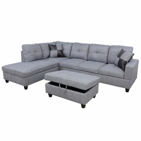 Ainehome L-Shaped Sectional Sofa Set, 3PC Linen Living Room Couches, Left Hand Facing (Grey)