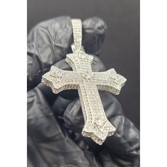 3 Ct Round Cut White Moissanite Cross Men's Pendant 14K White Gold Plated