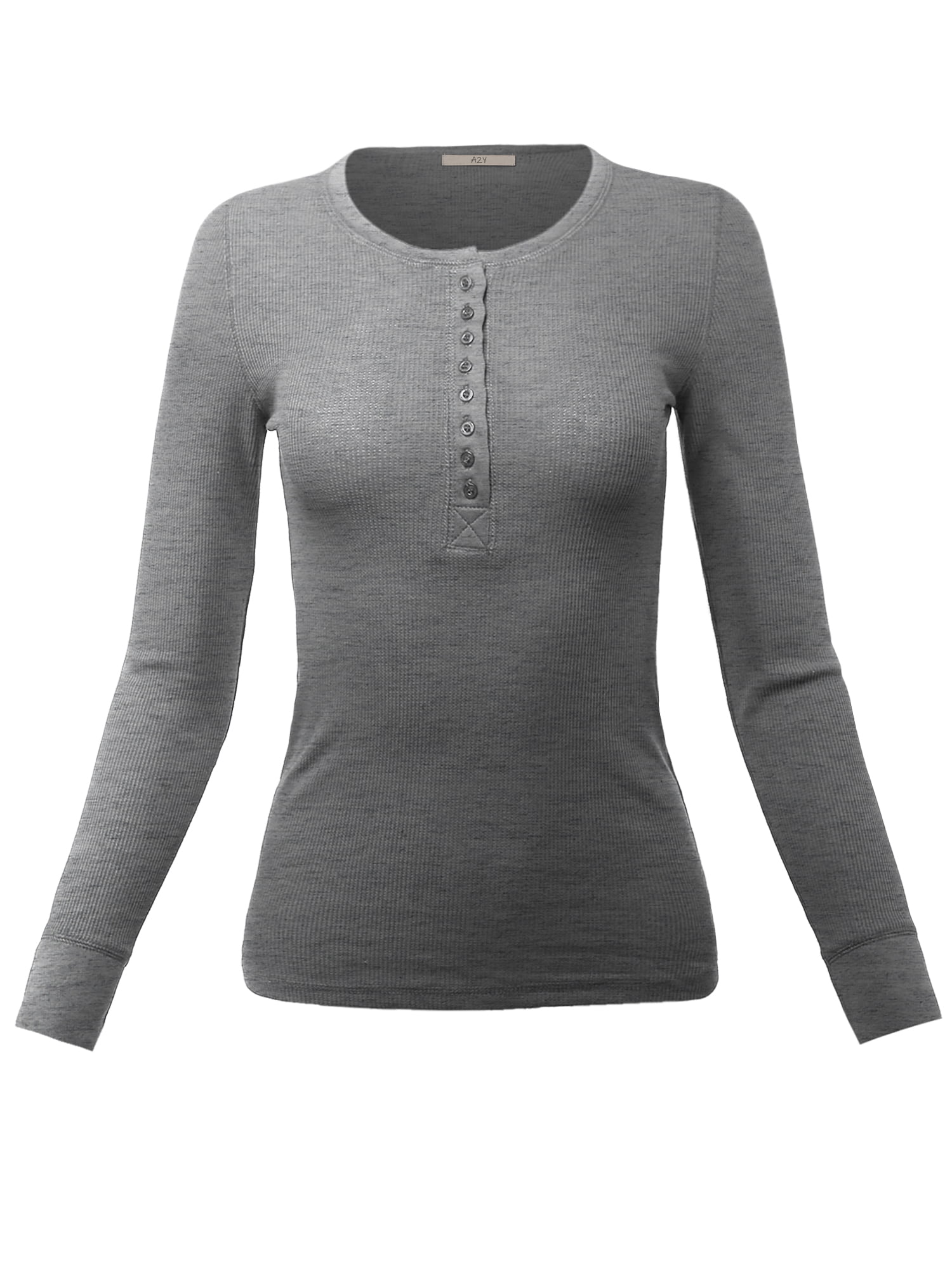 A2Y Women's Fitted Henley Crew Neck Long Sleeve Thermal Top New Heather ...