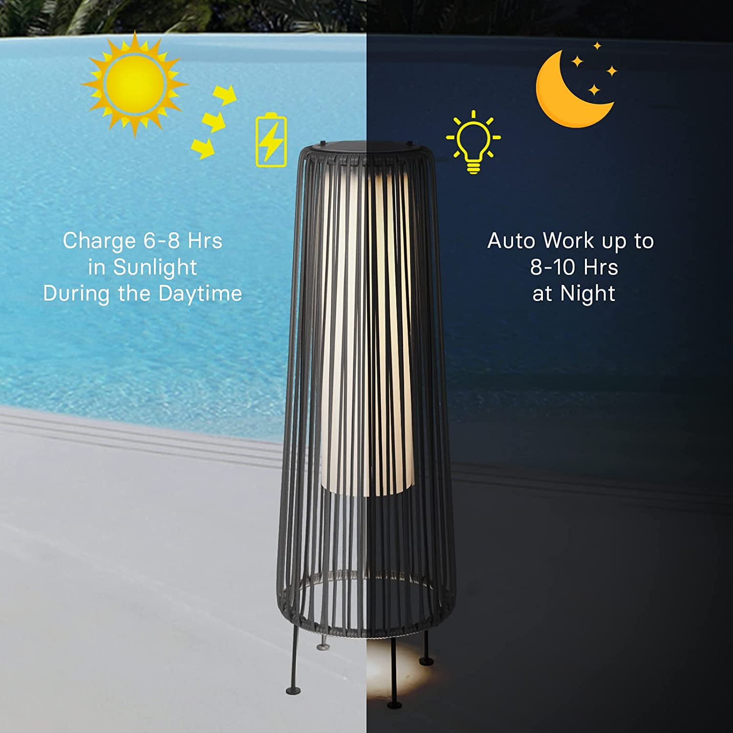 Outdoor Floor Solar Light 2-Pack, All-Weather Wicker Solar Patio Lamp, Gray