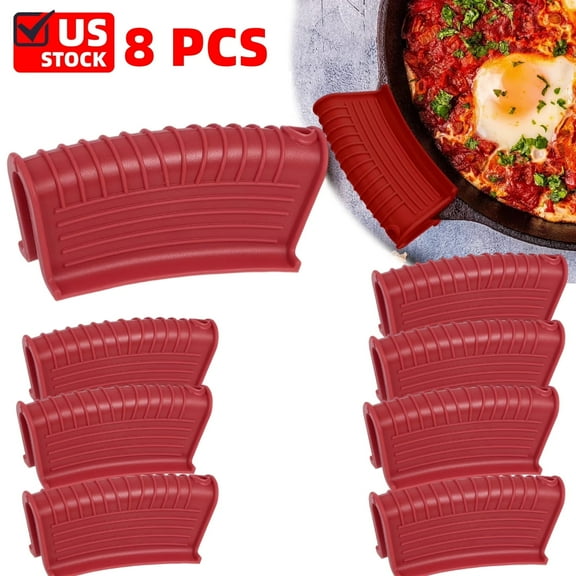 8 Pcs Silicone Assist Hot Pan Handle Holder Pot Handle Covers for Cast Iron Skillets Holder Sleeve Nonslip Heat Resistant Pan Cover for Enameled Griddles Casserole Frying Cookware(Red)