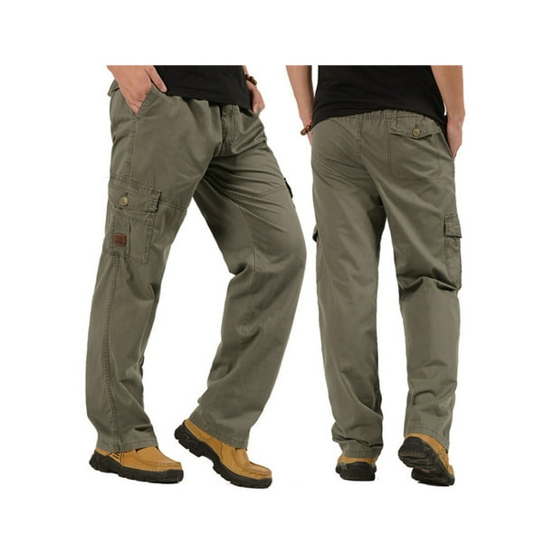 Opperiaya Men?s Loose Cargo Pants Elastic Waist Solid Color Work Pants