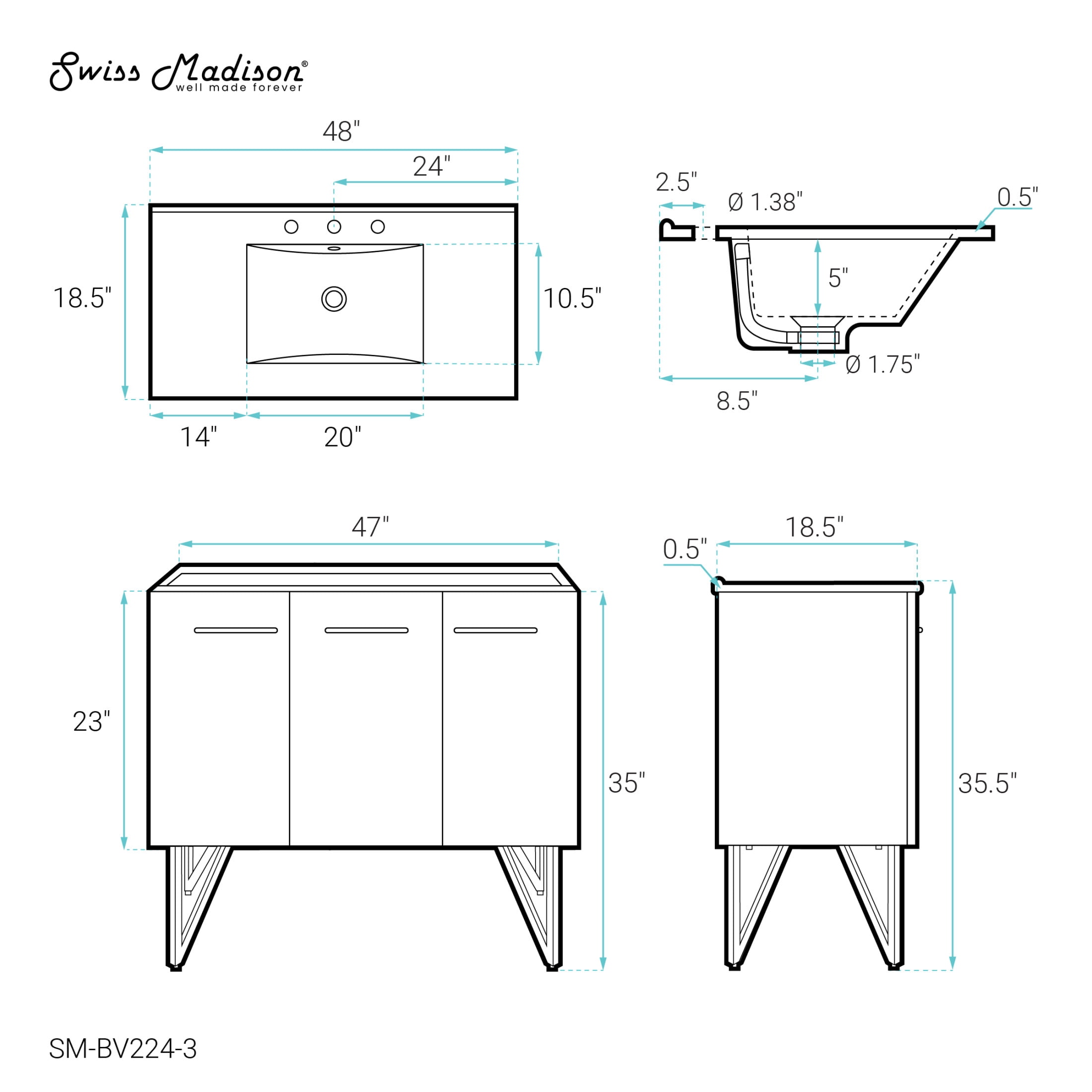 Annecy 48 in. Black Walnut Bathroom Vanity With White, 3-Hole Ceramic Sink Top