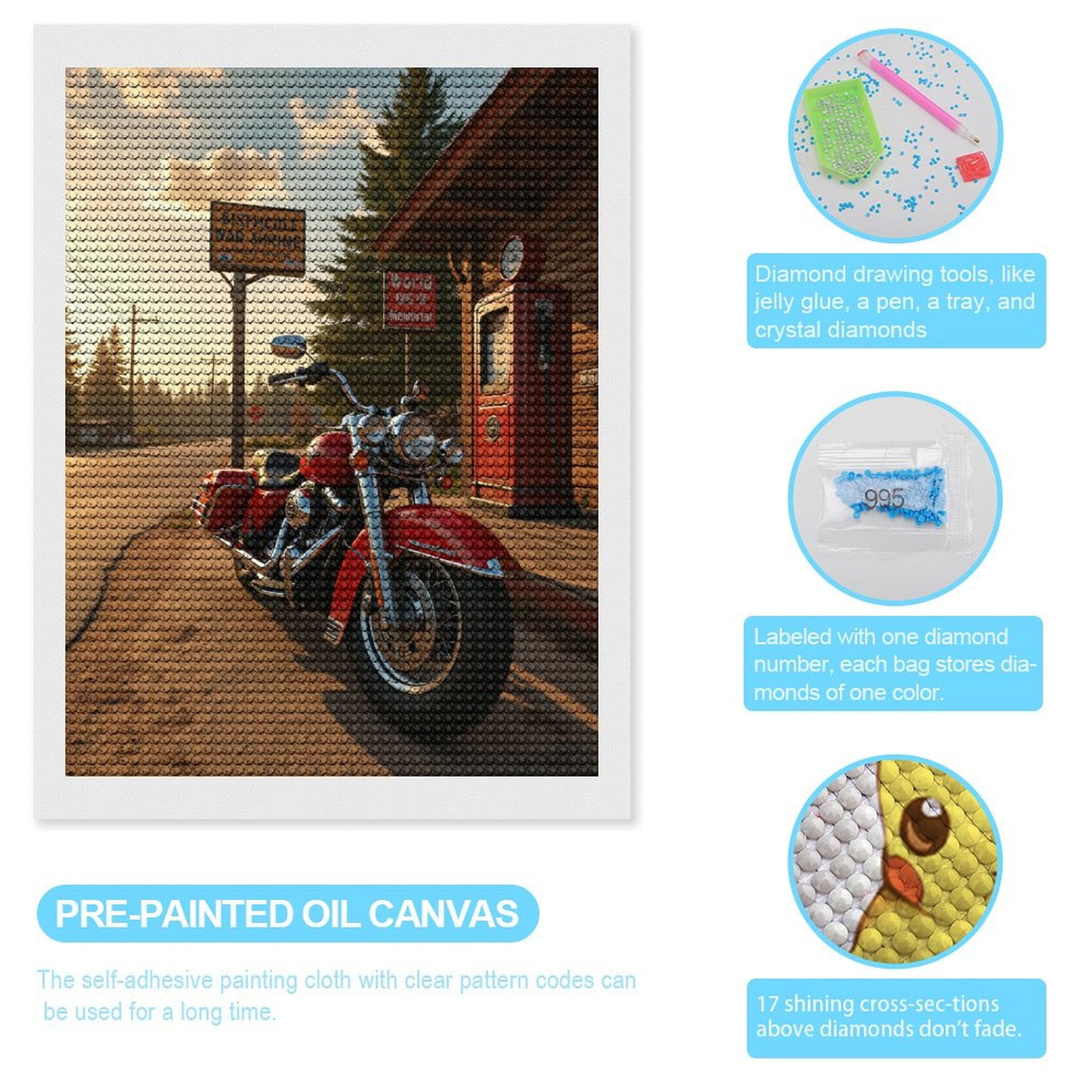 Diamond Art Kits for Adults, Motorcycle Vintage Gasoline Roadtrip 5D Diamond Painting Kits for Adults Beginners, DIY Full Drill Diamond Painting, Gem Art and Crafts 12x16