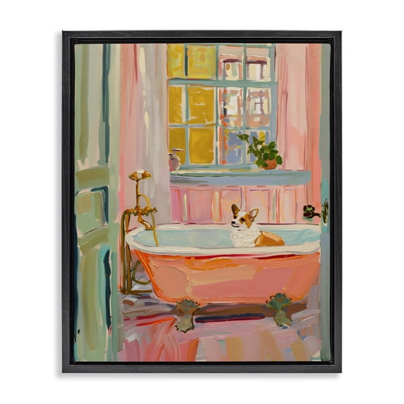 Stupell Industries Eclectic Corgi in Bathtub Black Floating Frame Canvas Art, 17 x 21, by The Prints Vibe