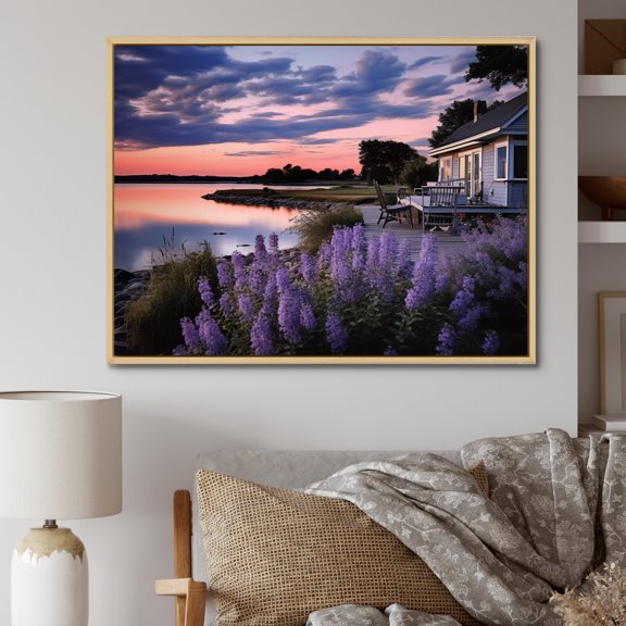 Designart "Purple Lakehouse Charm" Landscapes Floater Framed Wall Art Living Room