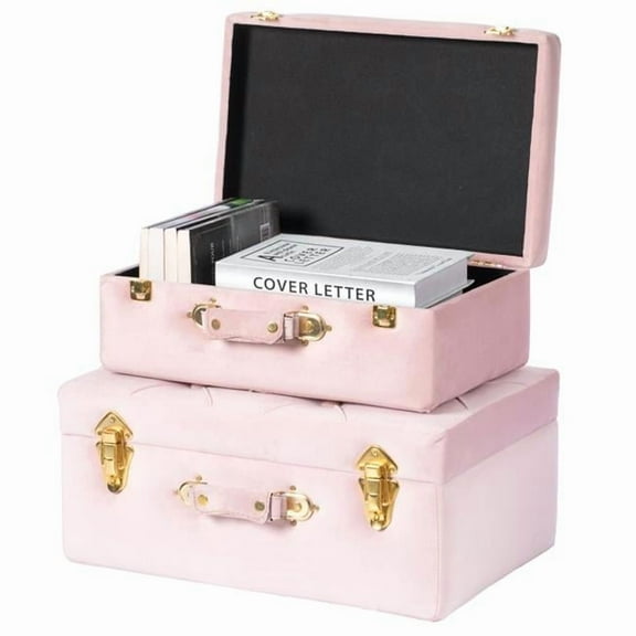 QI003982-PK Decorative Tufted Velvet Suitcase Treasure Chest, Pink - Set of 2
