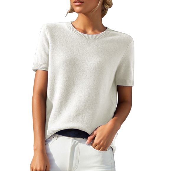 WTXUE T-Shirts Short Sleeve, Crew Neck Shirts for Women's Loose T Shirt with A Knit Bottom Short Top Knit Tops Solid | Casual for Women White L