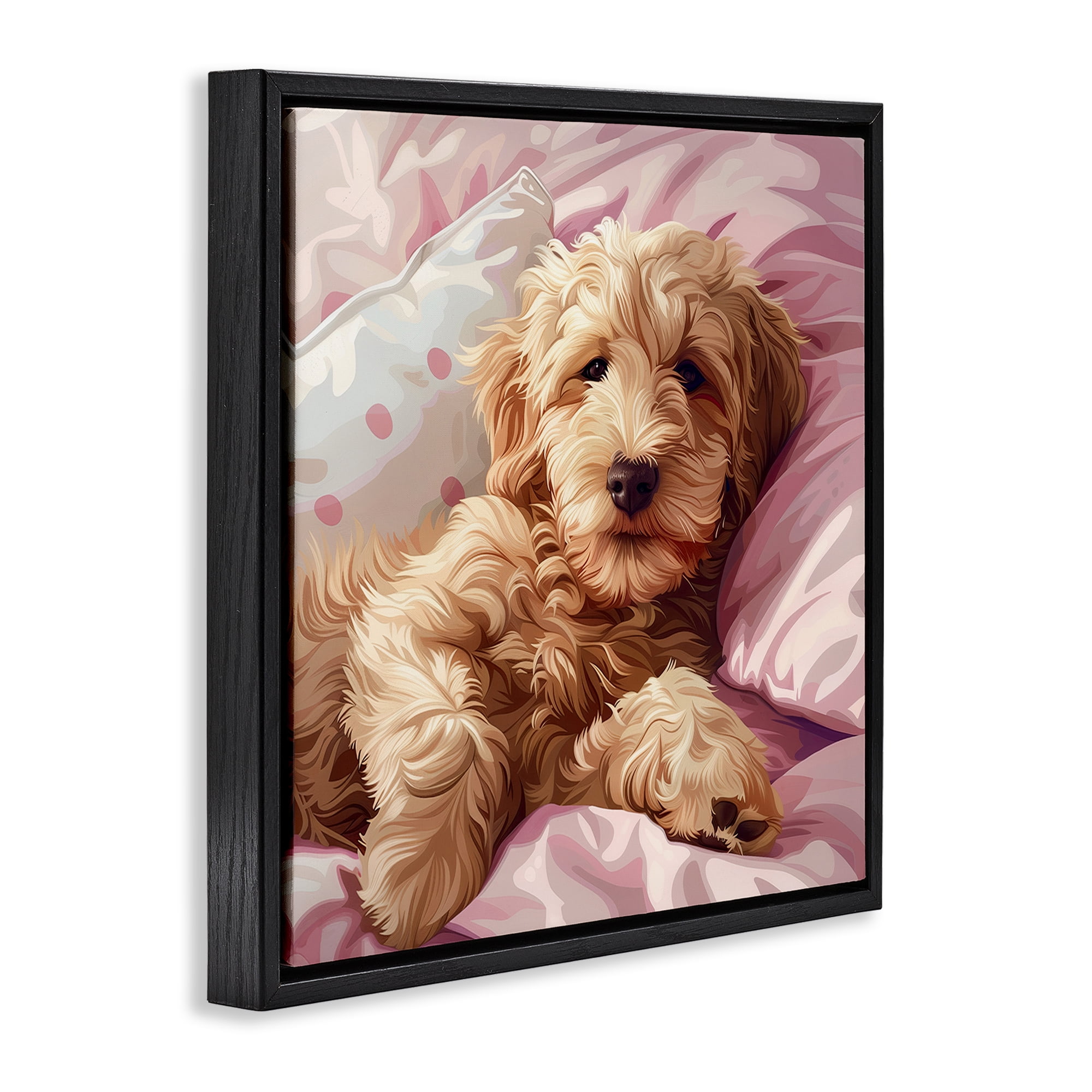 Stupell Industries Sleepy Labradoodle in Bed Animals Painting Black Floater Framed Canvas Art Print Wall Art, 25 x 25