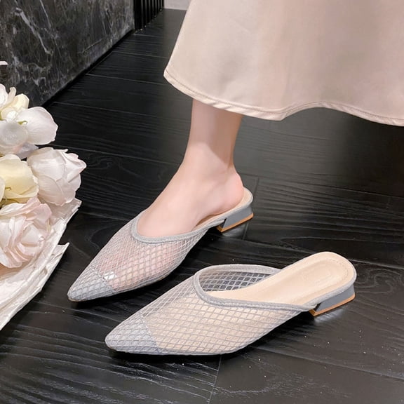 ZunFeo Womens Slides Silver Pointed Toe Mules | Low Block Heel Breathable Mesh | Casual Slip On Shoes for Women | Sizes 5.5-9,Size 7