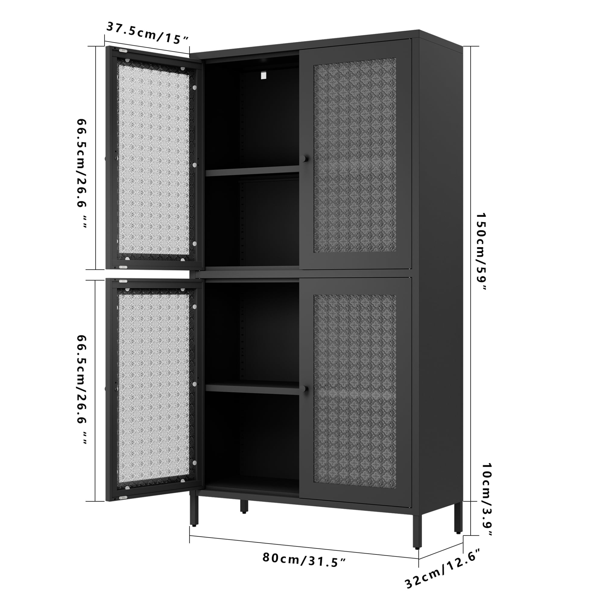 59" Metal Storage Cabinet Display Cabinet with 4 Glass Doors & 4 Shelves,Cabinet Bookcase Side Cabinet for Home Office Living Room,Black 03