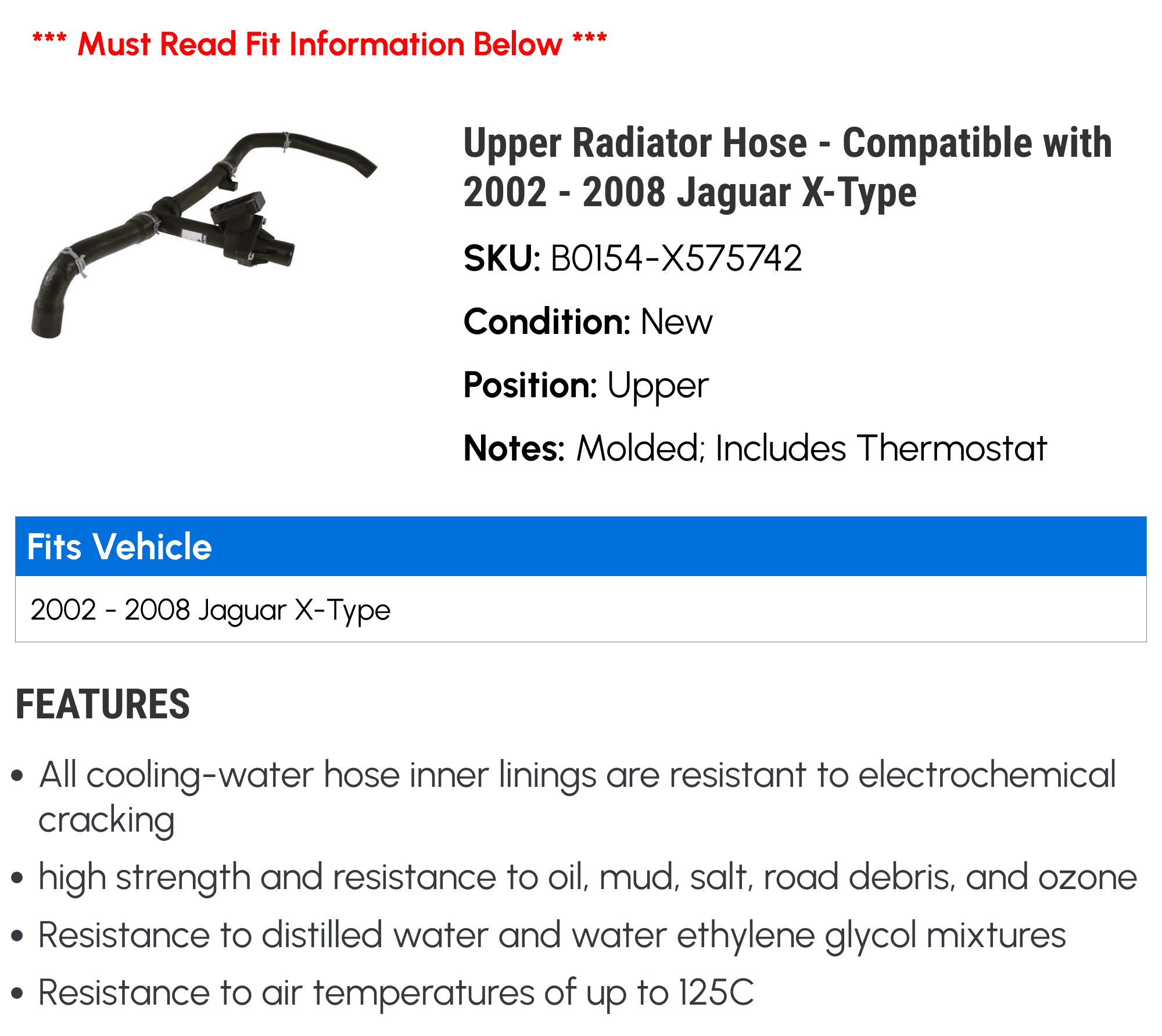 Upper Radiator Hose - Compatible with 2002 - 2008 Jaguar X-Type 2003 2004 2005 2006 2007