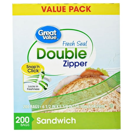 Custom Plastic Bags - (2 pack) Great Value Double Zipper Sandwich Bags, 200 Count