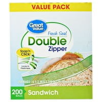 Great Value Double Zipper Sandwich Bags, 200 Count