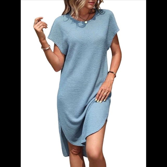 Vestido Midi de Verano para Mujer, Color Liso, con Abertura, Azul , Talla XL