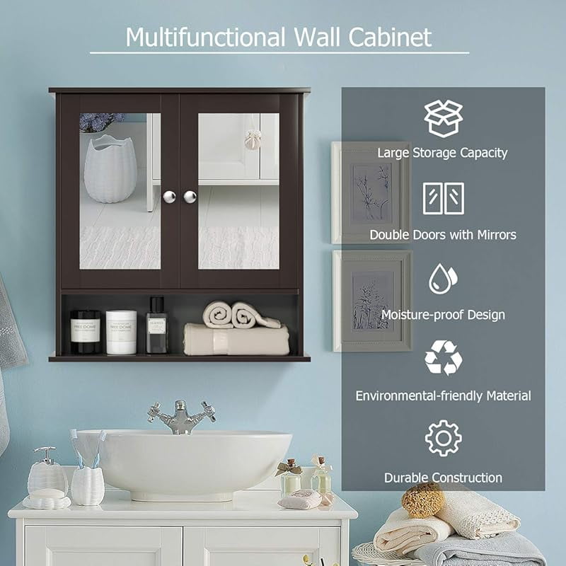 Bathroom Medicine Cabinet with Mirror, Wall Mounted Wooden Hanging Organizer with Doors and Shelves, Bathroom Wall Mirror Cabinet