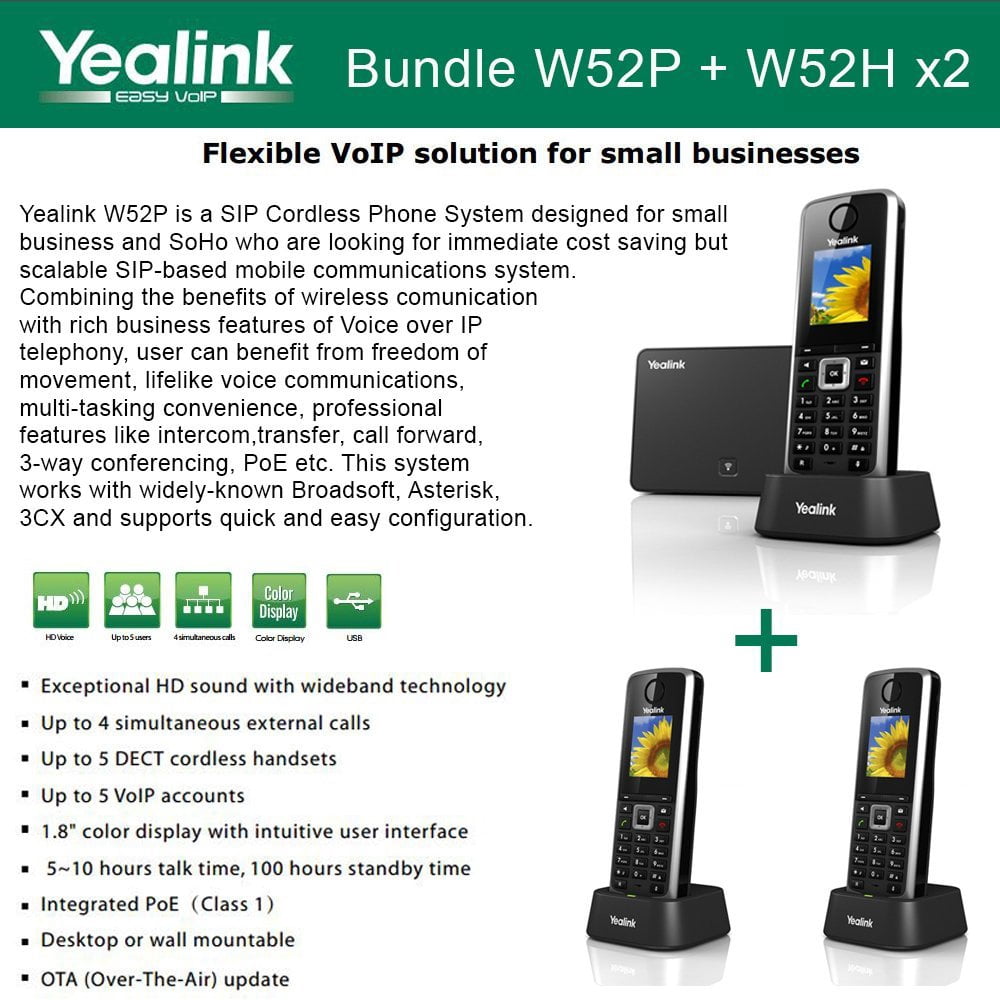 Yealink W52P + W52H X2 Cordless VoIP Phone PoE HD Voice and Base Unit ...