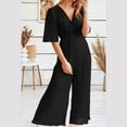 thumbnail image 2 of 3/4 Sleeve Jumpsuit for Women V-Neck Dressy Bodysuit Elastic High Waist Loose Wide Leg Casual Rompers, 2 of 6
