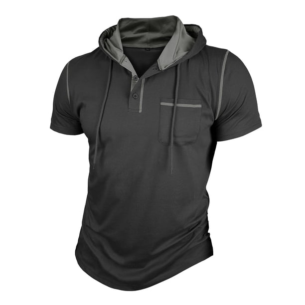 Mens Casual Manga Corta Botón Abajo Camisas Botón con Capucha Sólida Camisa de Parche, Camisas de Manga Larga Casual Elegante para Diario