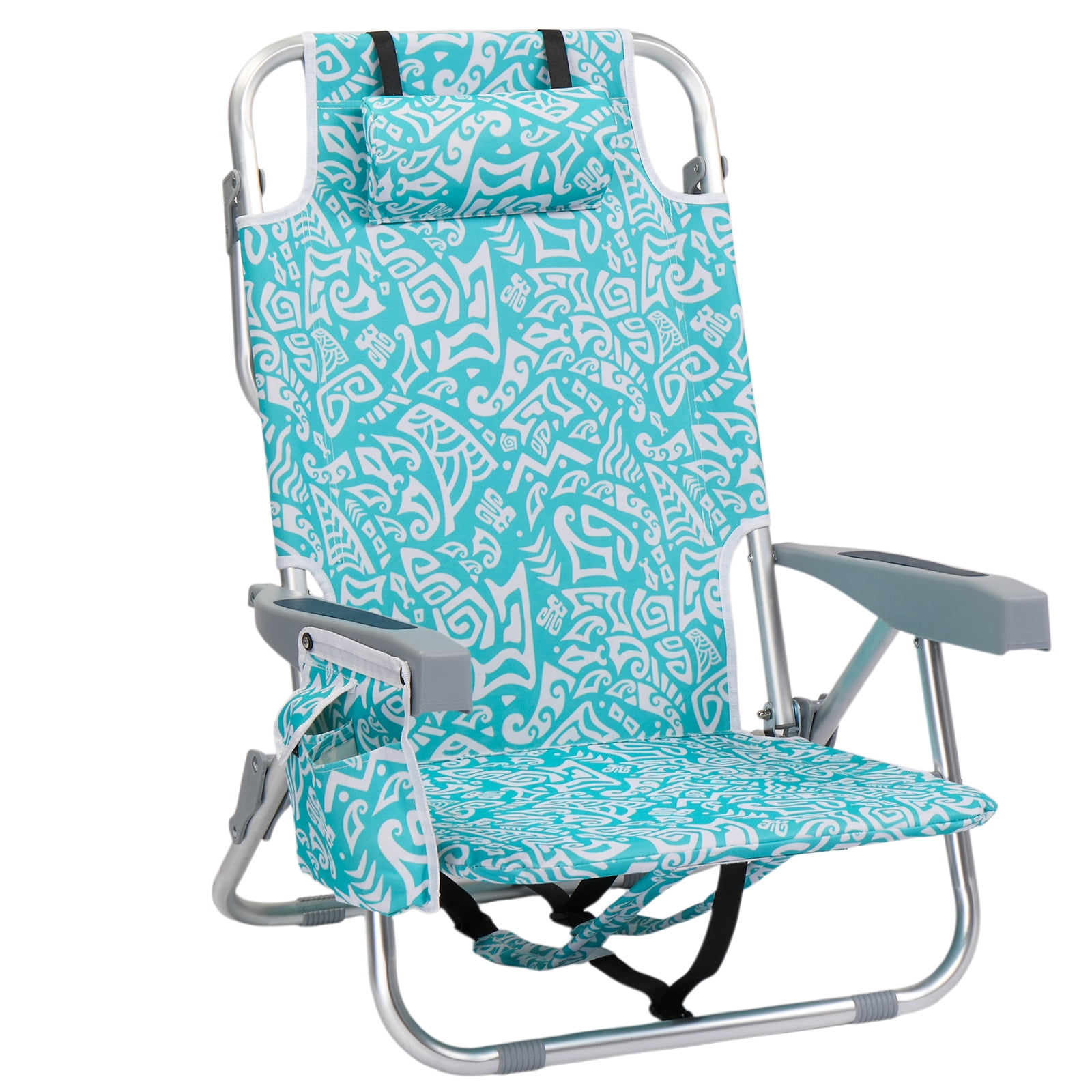 Folding Beach Chair with 5-Position Adjustable Backrest, Lightweight Aluminum Frame, Cup Holder & Storage Pouch, Portable Outdoor Chair for Camping Picnic Backyard