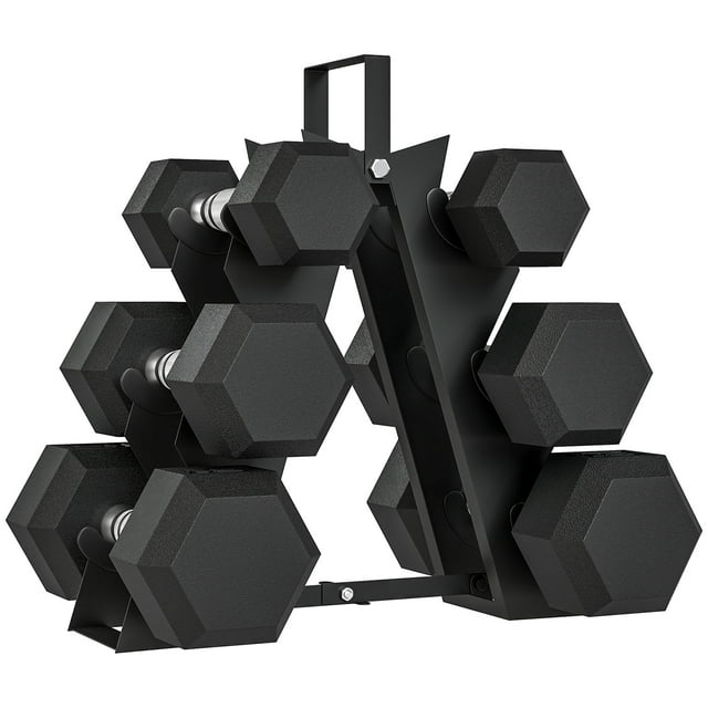 Soozier 60 LBS Dumbbell Set with Rack, Rubber Coated Hex Hand Weights
