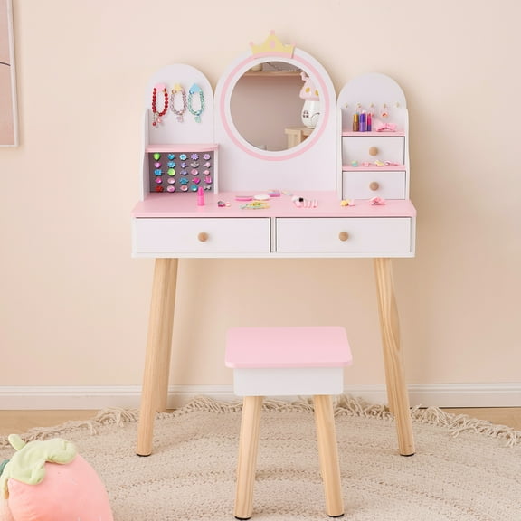 Gundir Kids Vanity Set with Crown Design, White and Pink Princess Dressing Table, 4 Drawers, MDF Particle Board & Solid Wood Legs, for Bedroom Playroom, 1 Set, 27.6"x13.5"x24"