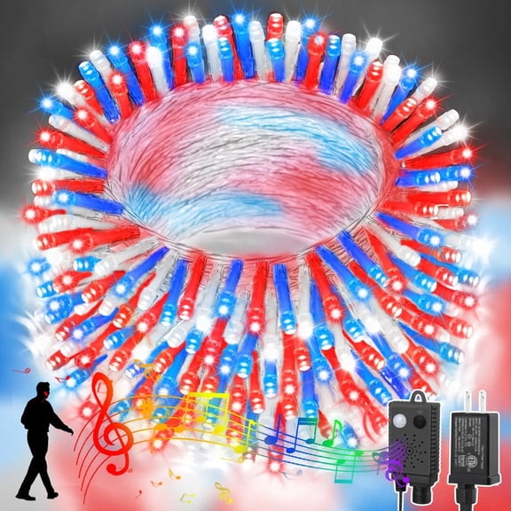 Red White Blue Lights with Music Motion Sensor Controller, 4th of July Decorations String Light Plug in Indoor Outdoor, Patriotic Light for Independence Day Holiday Memorial Day Party Decor
