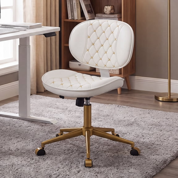 SYVONEX Small Armless Office Chair, White and Gold PU Leather Desk Chair, Morden Desk Chair no Arms, Adjustable Height Swivel Computer Chair, Small Space Vanity Chair