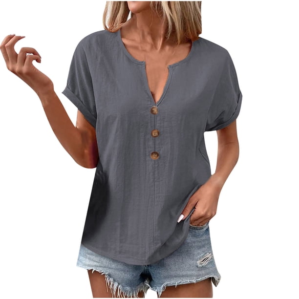 Vestidos Casuales Para Mujer, Blusas De Mujer De Moda Blusa informal de lino con cuello en V y manga corta con capucha para mujer