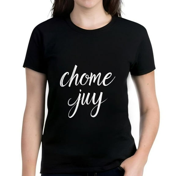 Cotton Short Sleeve Women's T-Shirt with Stylish White Cursive " chome juy " Text Design - Casual Round Neck Tee Top
