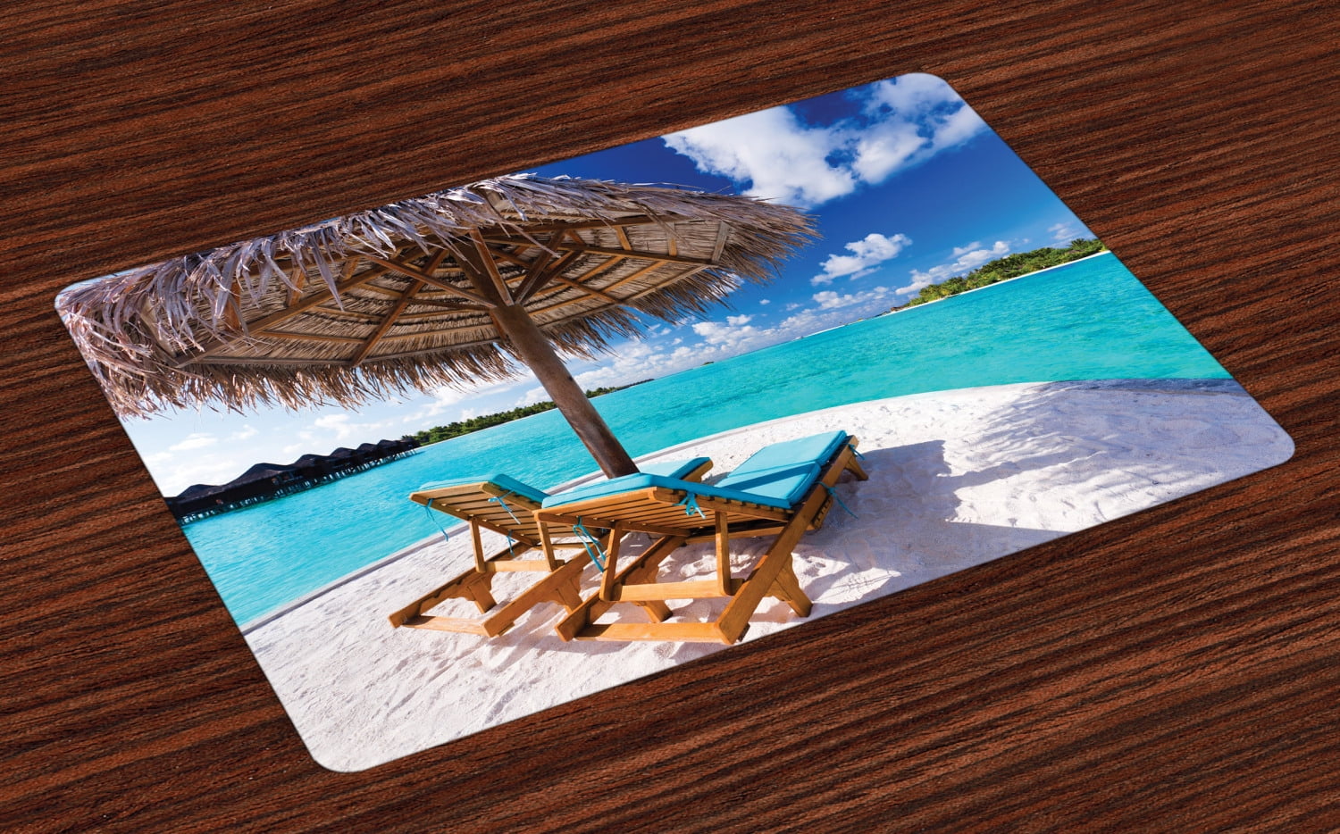 Beach Placemats Set of 4 Maldives Scenic Seaside View Sunbeds Under