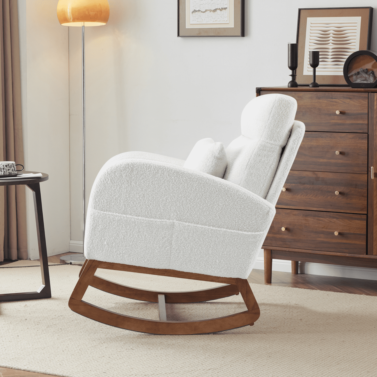 Rocking Chair Nursery with Thick Headrest, Upholstered Mid-Century Modern Nursing Rocker Glider with Curved Armrest, Sturdy Solid Wood Base for Living Room, Bedroom, Baby Room (White Teddy Fleece)