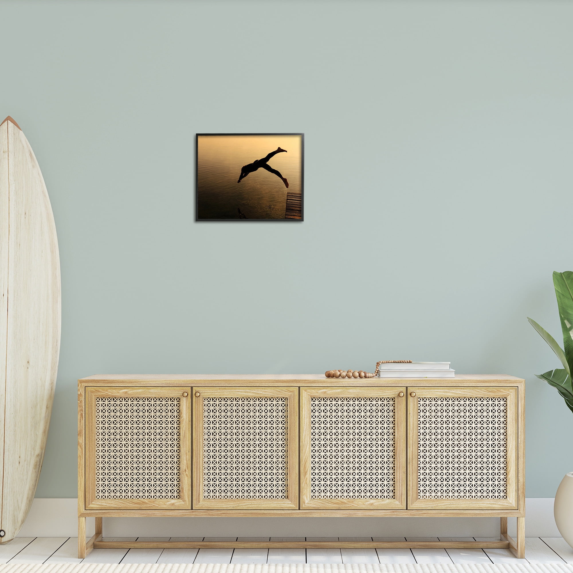 Stupell Industries Diving Off Dock Silhouette Novelty Photography Black Framed Art Print Wall Art, 20 x 16