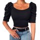 thumbnail image 1 of Camiseta informal con manga abombada y cuello redondo para mujer, camiseta ajustada acanalada de Color puro, Top negro M, 1 of 7
