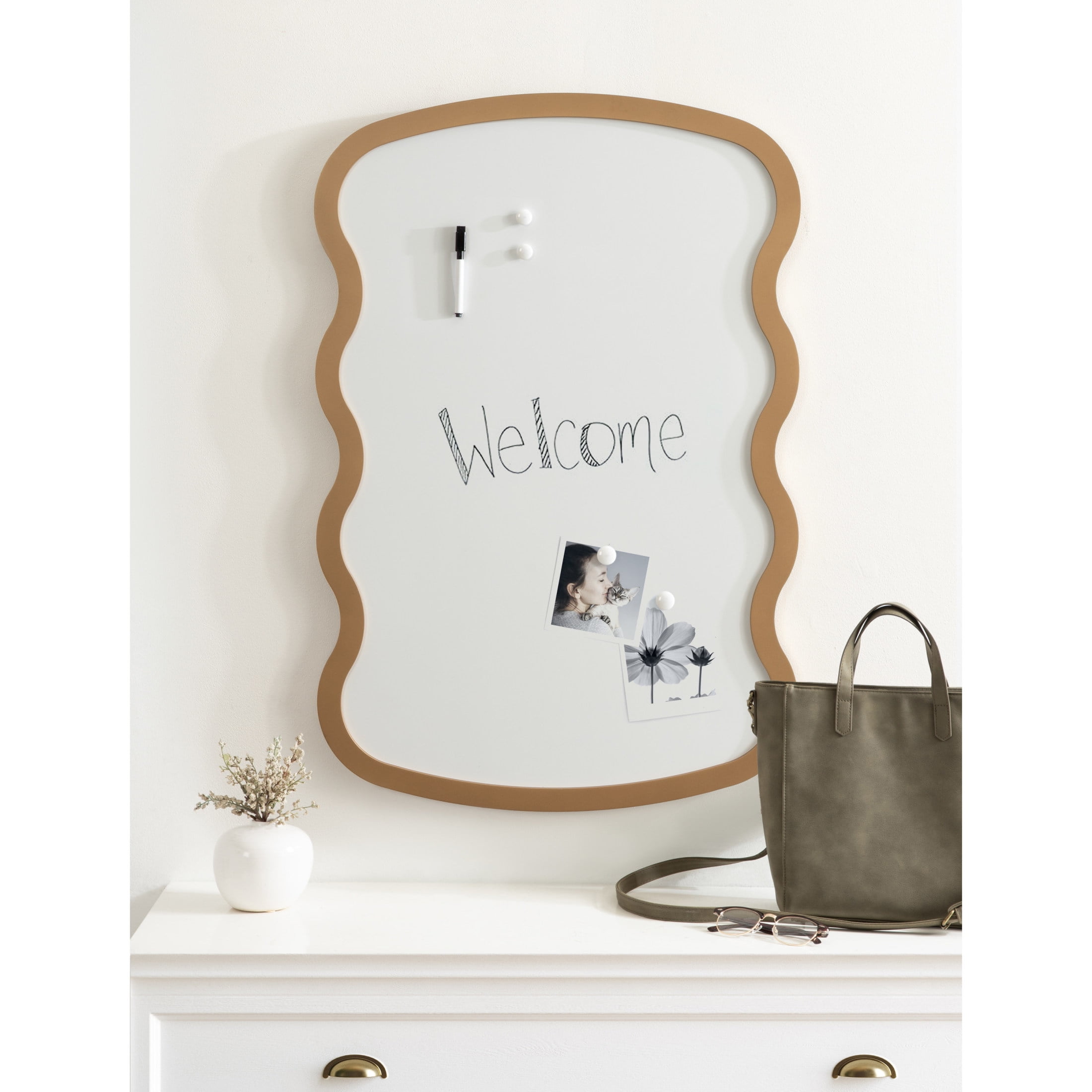 Kate and Laurel Holbrook Wavy Magnetic Dry Erase Board with Marker and Four Magnets, 24 x 36, Gold, Decorative Wall Organization White Board for Use as Apartment or Dorm Room Decor