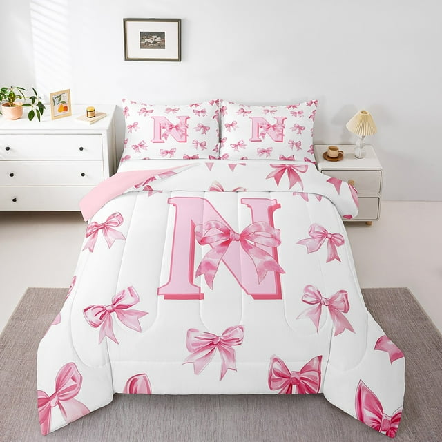 Erosebridal Ensembles de Literie Girly à Nœud Initial Double avec Couette, Insert de Couette Princesse de Rêve, Déco de Chambre pour Ados, Réversible, 3 Pcs
