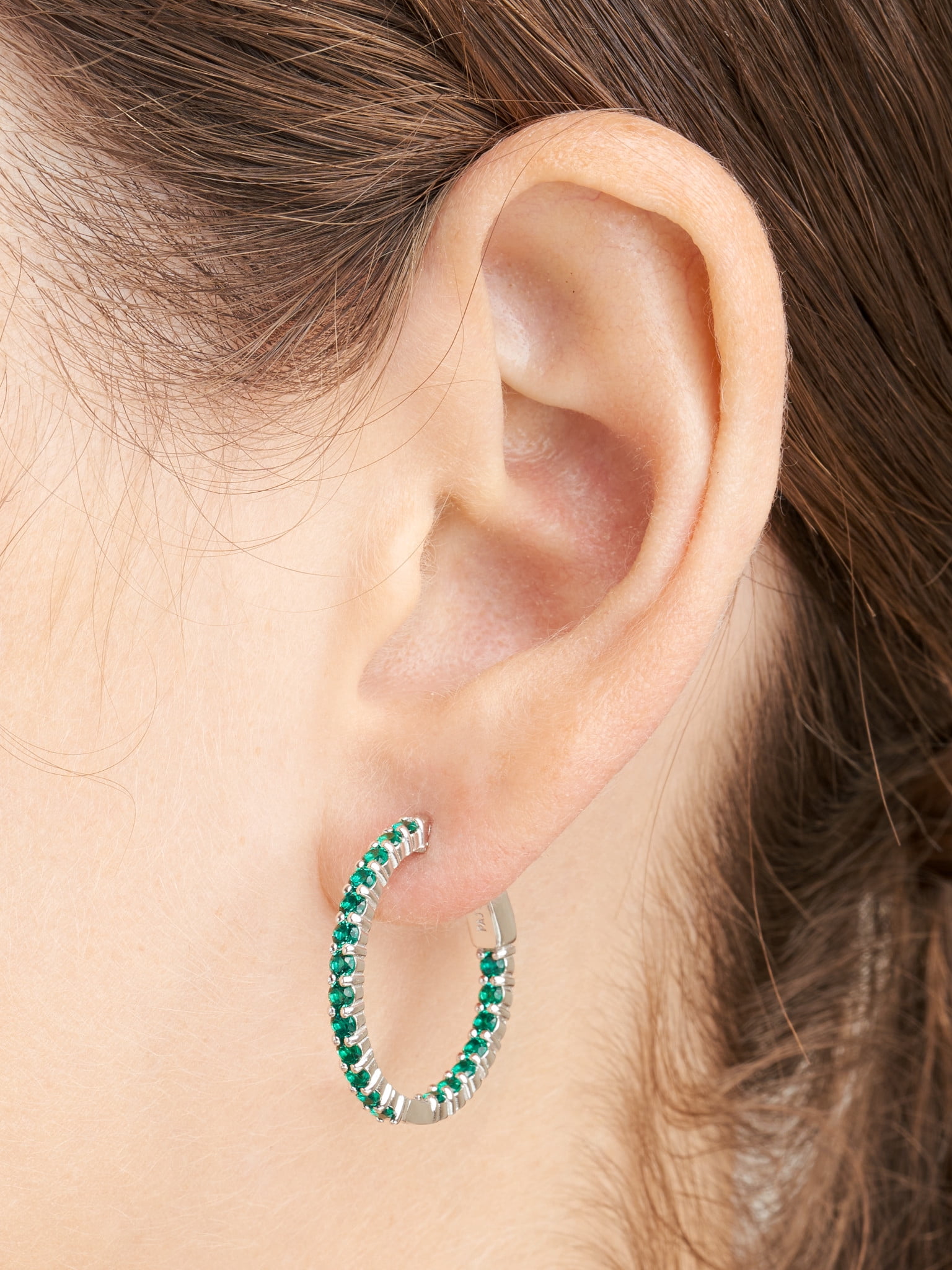 Forever Facets Jewelry Platinum over Sterling Silver Created Emerald Hoop Earrings with Black Velvet Pouch and Box