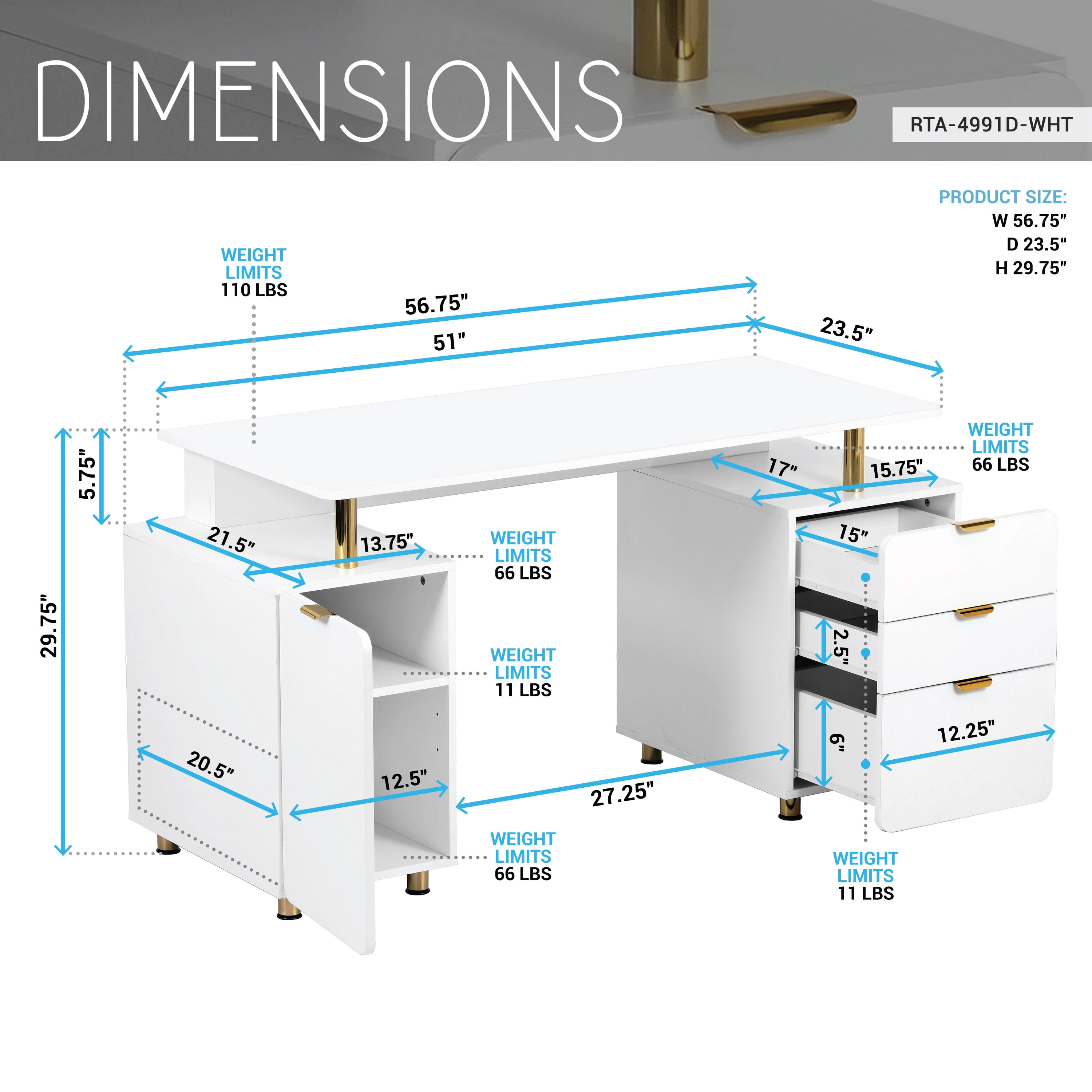 56.75" W Elegant Executive Desk with 3 Drawers and Storage Cabinet, Modern Office Desk with Gold Accents, Floating Work Surface, Closed Storage with Ventilation & Adjustable Shelf, White & Gold
