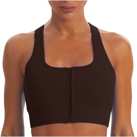 

ZQGJB Sport Bras with Front Zipper Ribbed High Impact Support Strappy Back Workout Bra Longline Fitness Crop Tops Gym Yoga Shirts Brown L