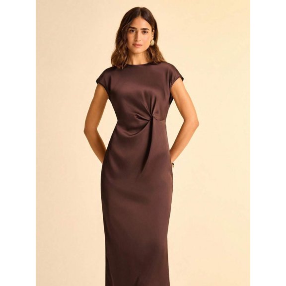 Brown Short Sleeve Ruched Twist Sheath Dress For Women