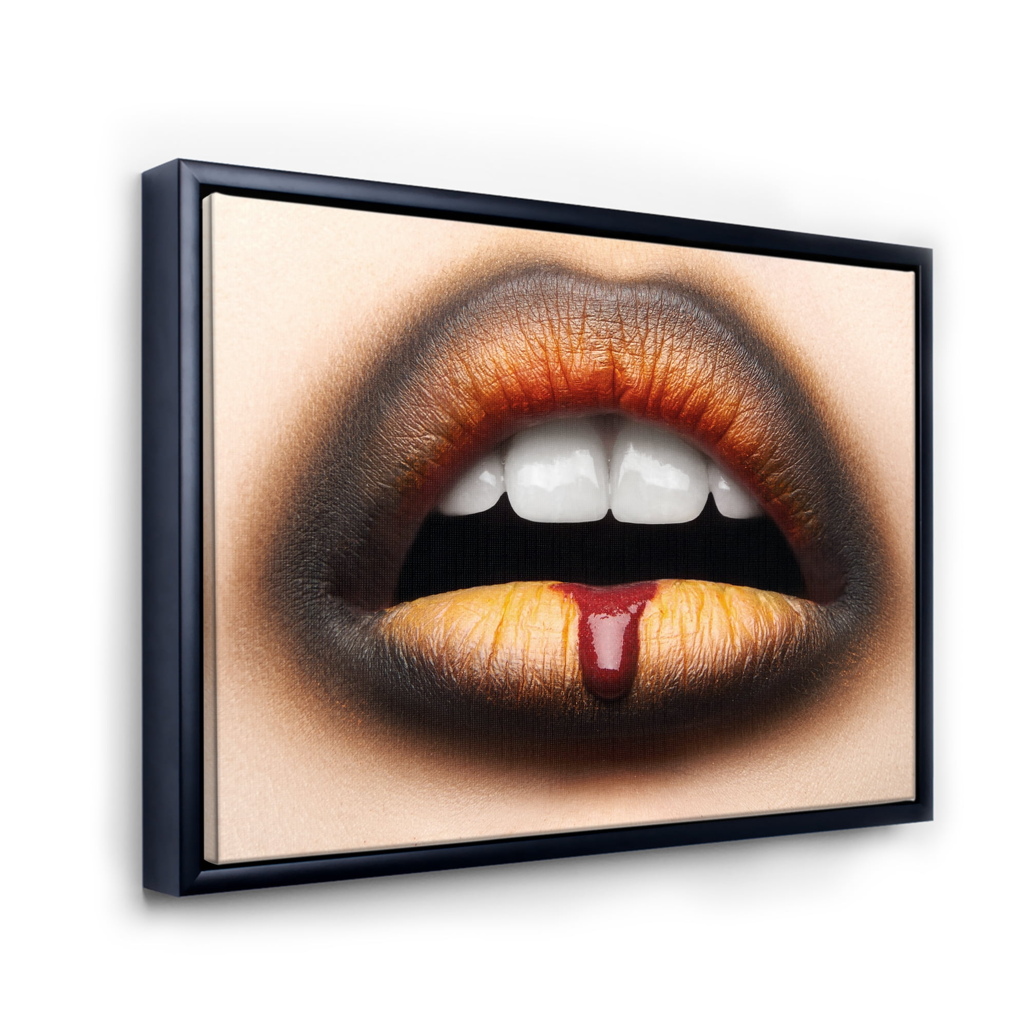 Designart 'Woman Lips With Black & Orange Lipstick' Modern Framed Canvas Wall Art Print