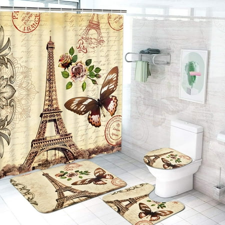 4 Pcs Paris Eiffel Tower Shower Curtain Sets With Non Slip Rug Toilet Lid Cover And Bath Mat Black Red Art Trees 12 Hooks Waterproof Romantic Vintage Paris Eiffel Tower Shower Curtain Sets, Red Eiffel Tower Shower Curtain Hooks