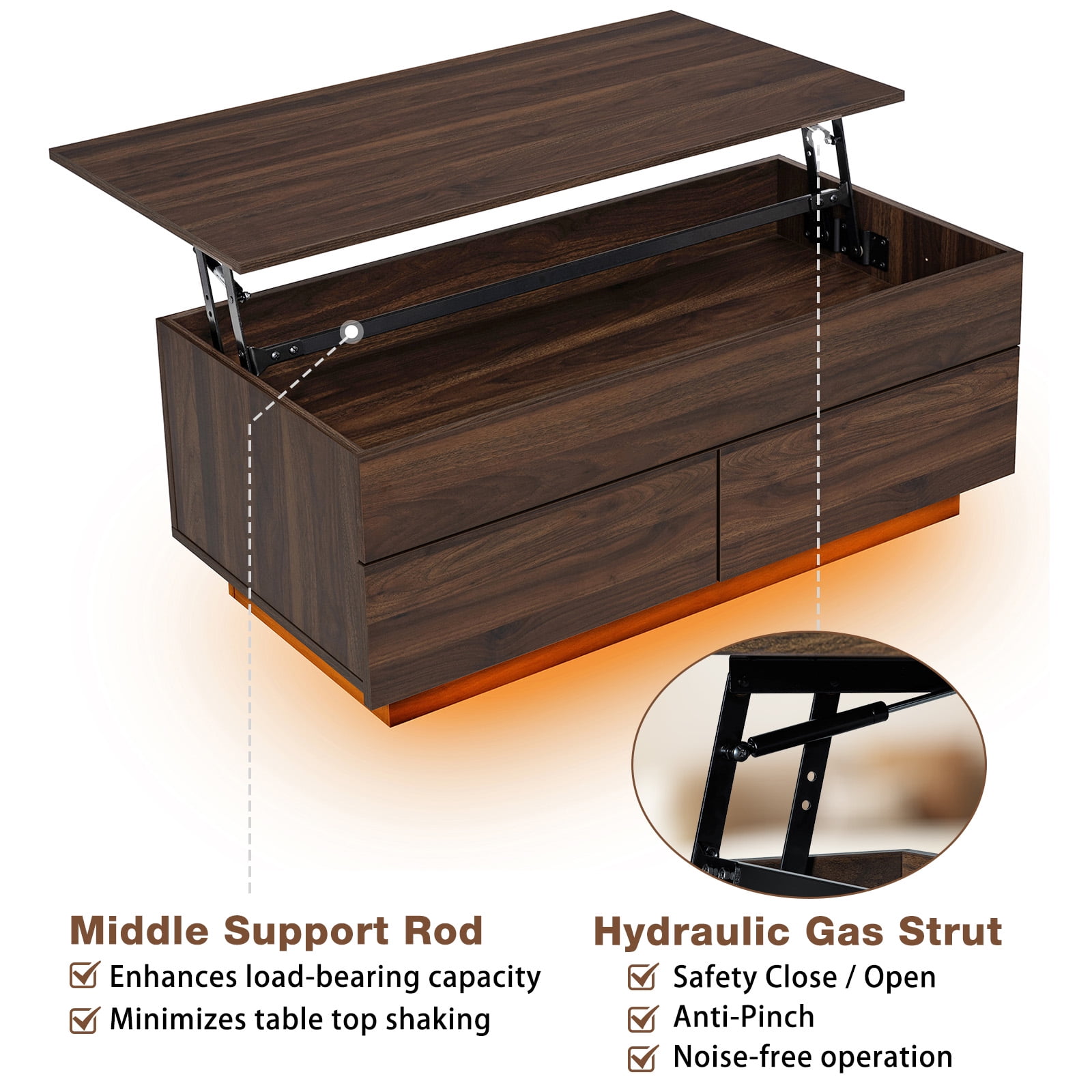 Hommpa LED Coffee Table with Lift Top and 2 Drawers, Hidden Compartment for Living Dining Room Walnut Sofa Side End Table