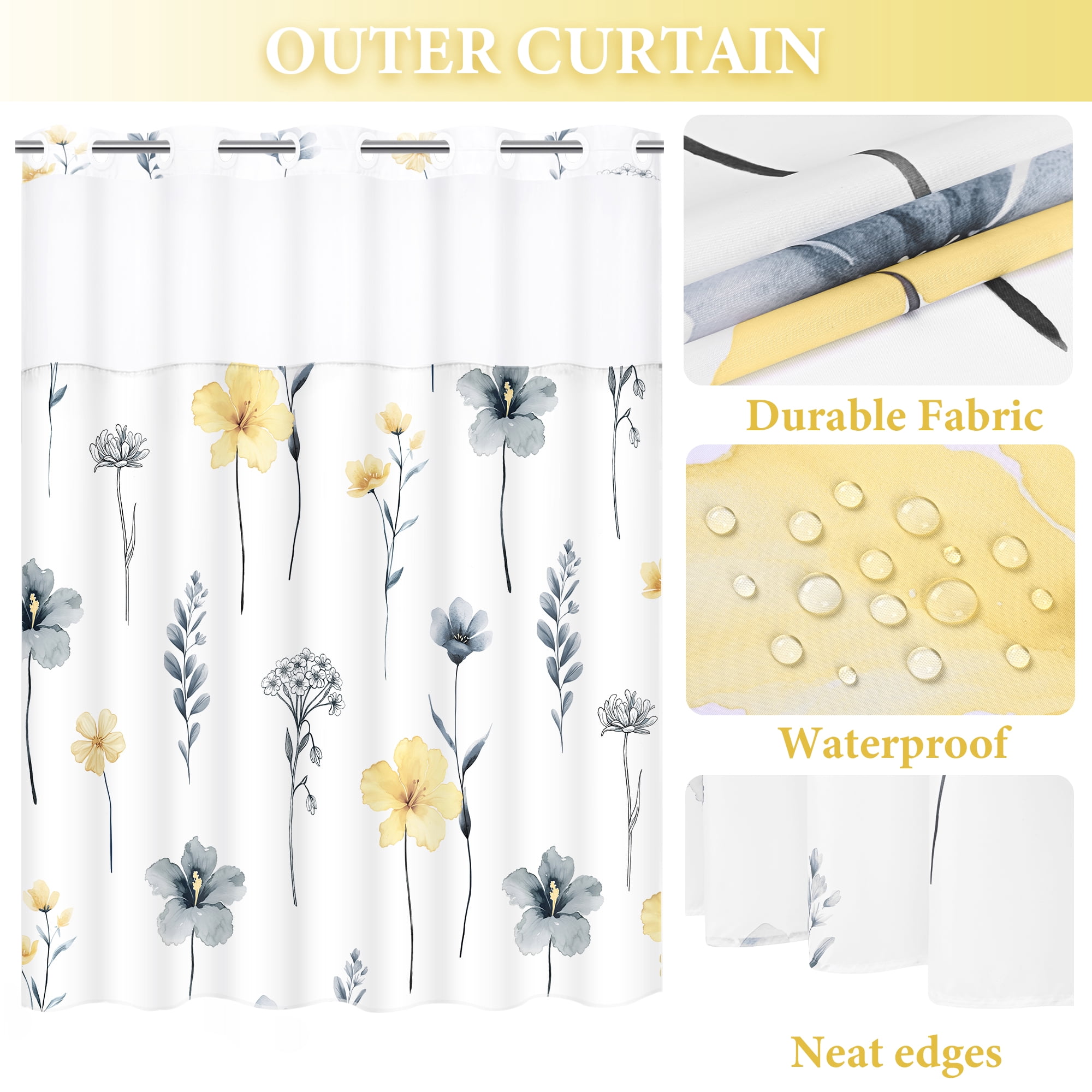 Ikfashoni Hookless Shower Curtain with Snap in Liner, Yellow Watercolor Flowers No Hook Waterproof Bath Curtain, 71"X74"
