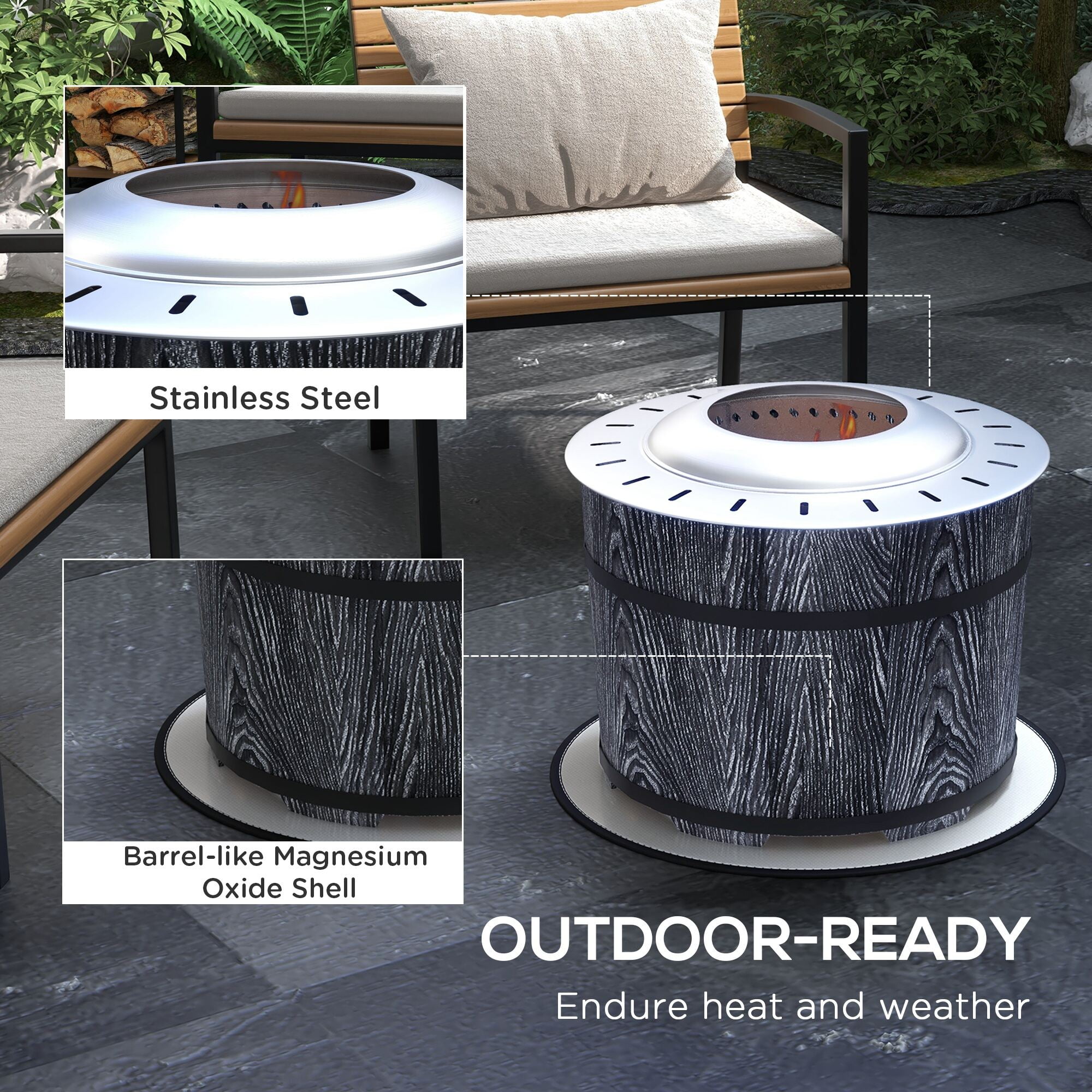 Outdoor Grill, Smokeless Fire Pit with Fireproof Mat, 20" Barrel Style Portable Wood Burning Firepit, Magnesium Oxide Low Smoke Camping Bonfire Stove for Backyard, Patio, Picnic, Black, BBQ Grill