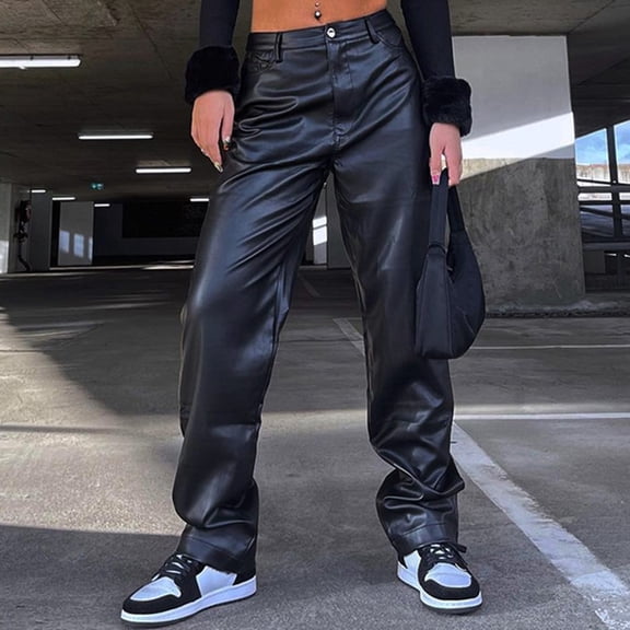 Women's Leather Pants Straight Wide Leg Leather Pants Leather Spandex Leggings for Women Leather Pants for Women Size 6 Tall Pant Leather Wide Trouser Leather Pants 00 Thick Long Leggings for Women