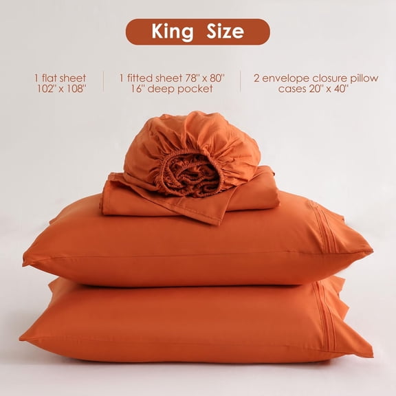 TRAHOO-Burnt Orange King Sheet Set with Side Pocket Corner Straps, 4 Piece Soft Microfiber Bed Sheets Extra Deep Pocket